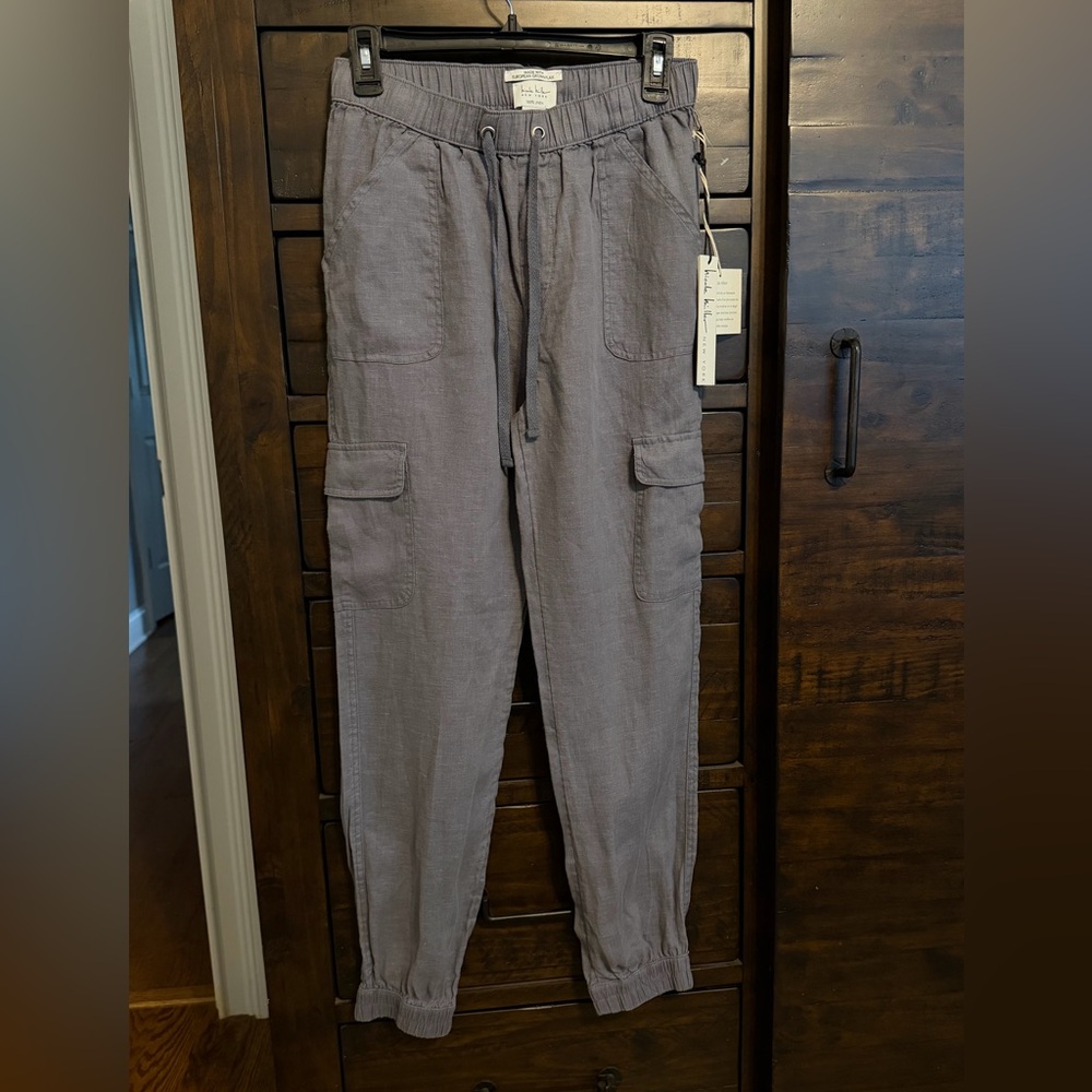 NWT Nicole Miller Linen Pants Cargo Jogger Pants — gray